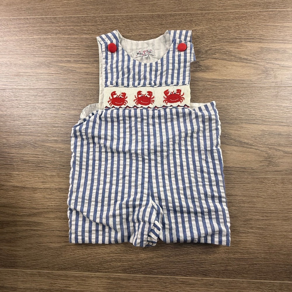 Molly Pop Baby Boys Seersucker Smocked Crab Overall Romper One Piece Size 18 M